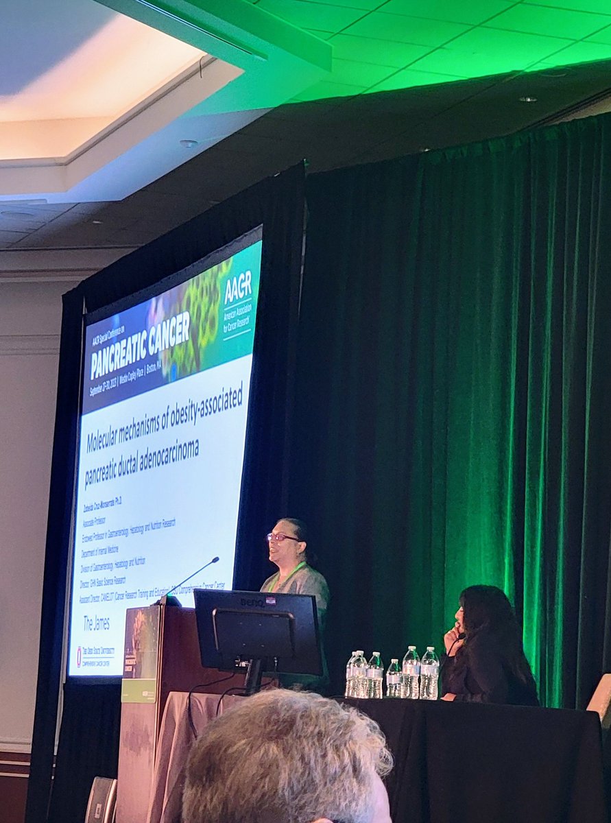 DrGumpper's tweet photo. @ZCMlab giving a great talk on our recent work obesity, diet, exercise, and pdac. It's so exciting to hear our hard work highlighted. #AACRPan23 @OSUWexMed @Pelotonia @OSUCCC_James https://t.co/pAKbG5CCwX