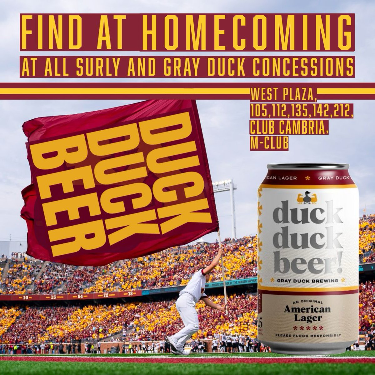 DTAthletes's tweet photo. 🚨👀〽️🏈 IT'S OFFICIAL 🏈〽️👀🚨
@grayduckspirits duck duck beer! will be served at Huntington Bank Stadium this Saturday and through the rest of the season!!
20% of profits go to Dinkytown Athletes
Check the image for locations
@GopherFootball fans let's go!! https://t.co/DcwBXXISCY