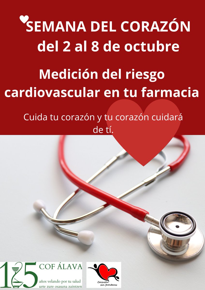 En el #DiaMundialDelCorazon te recordamos la importancia de cuidarlo y durante la próxima semana acude a una de las #FarmaciasAlava que tengan este cartel para medir tu riesgo cardiovascular