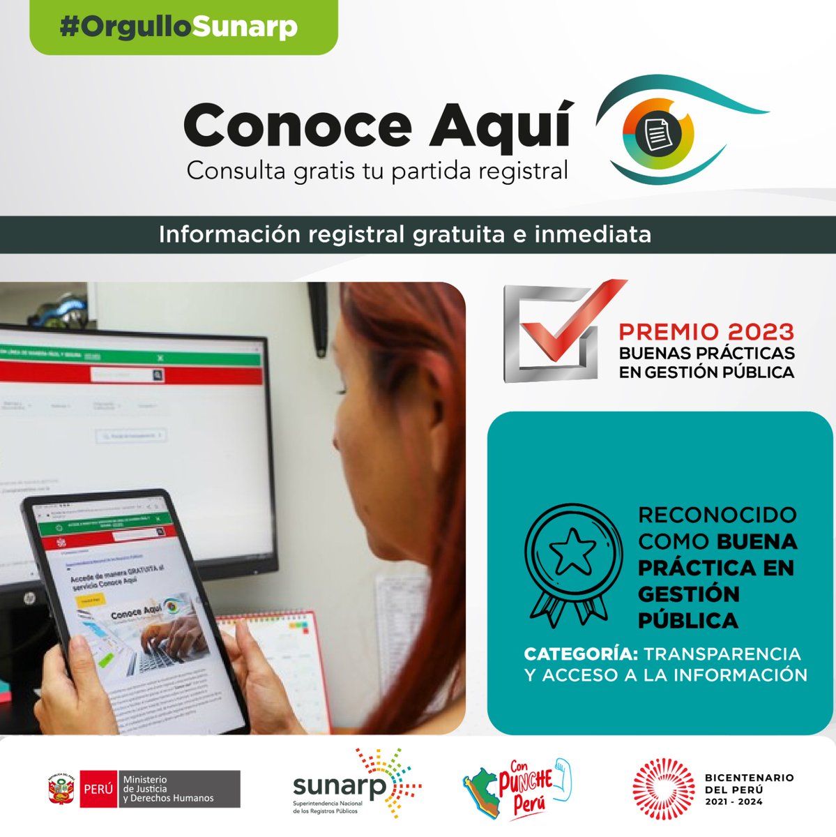 SunarpOficial's tweet photo. 💪 Nuestro servicio #ConoceAquí: información registral gratuita e inmediata, es reconocida como Buena Práctica en Gestión Pública en la categoría de Transparencia y Acceso a la Información.
#BuenasPrácticas2023 #OrgulloSunarp https://t.co/fppOeBhIe3