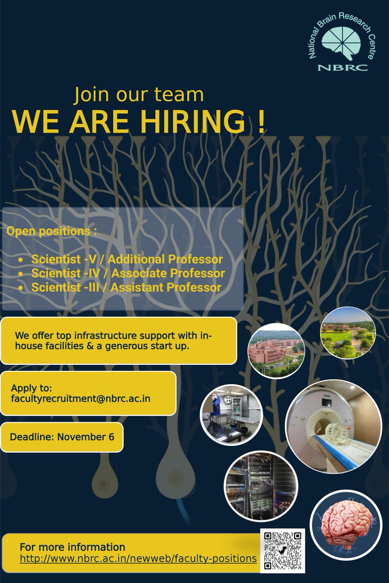 Join the team of dynamic neuroscientists at NBRC! Spread the word!
#Neuroscience #Hiring #jobposting
More info at: 
nbrc.ac.in/newweb/faculty…

<a href="/KrishanuRaytifr/">Krishanu Ray</a> <a href="/PsethNbrc/">Pankaj Seth</a> <a href="/TheAnirbanBasu/">Anirban Basu</a> <a href="/dr_pravat/">Prof. Pravat k Mandal</a> <a href="/arpansview/">Arpan Banerjee</a> <a href="/urssahu/">Bhavani Shankar Sahu.</a> <a href="/GhoshRoyLab/">GhoshRoyLab</a>