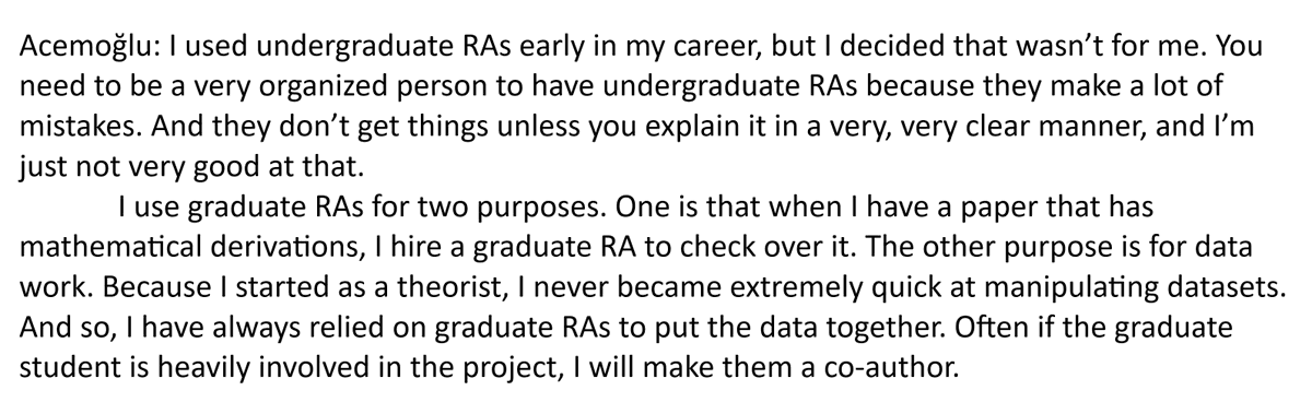 SimonBowmaker's tweet photo. Daron Acemoğlu and David Card on undergraduate vs. graduate research assistants: https://t.co/iPs29rmqx1