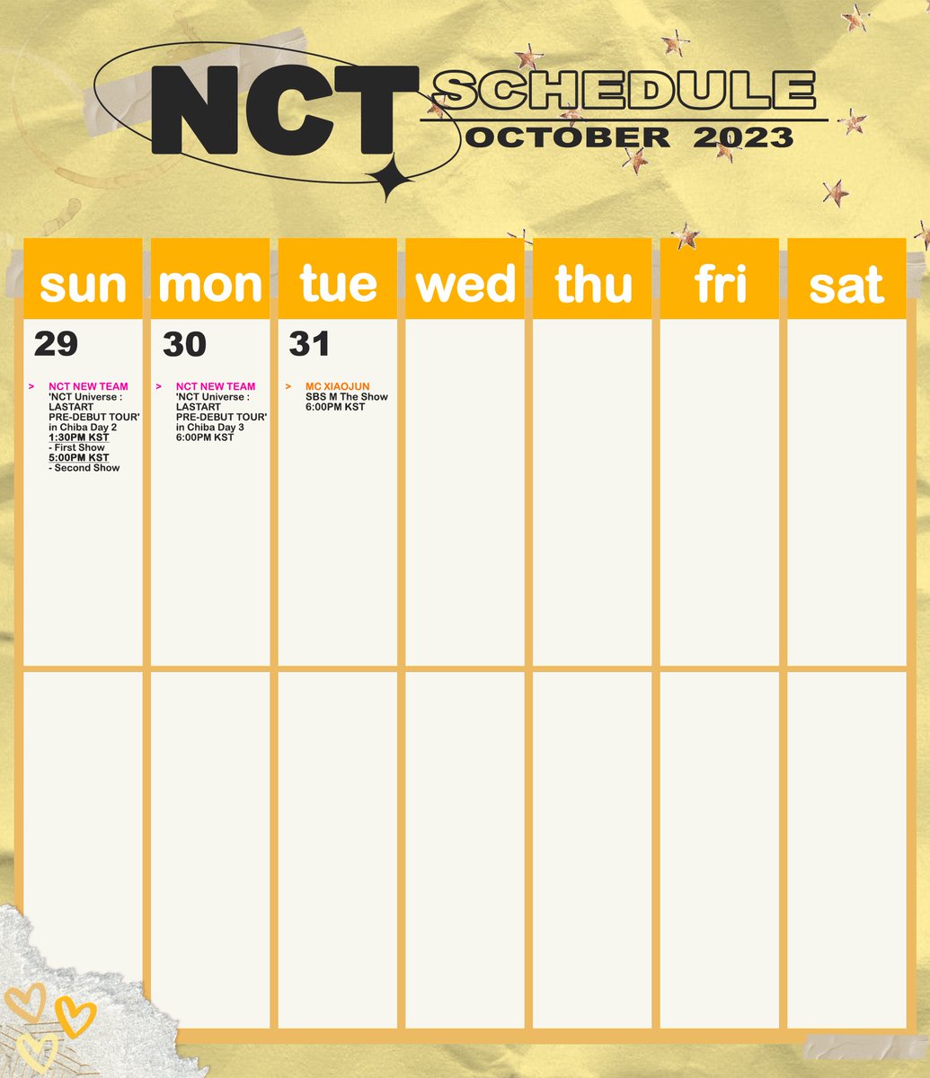 [!!!] NCT SCHEDULE - OCTOBER 2023

*Schedule as of September 30th, more might be added in the following days.

Google Calendar: calendar.google.com/calendar/u/2?c…
*To subscribe, go to calendar.google.com. Make sure to use your PC / laptop.

#NCT #NCT127 #WayV #SuperM #NCTDREAM