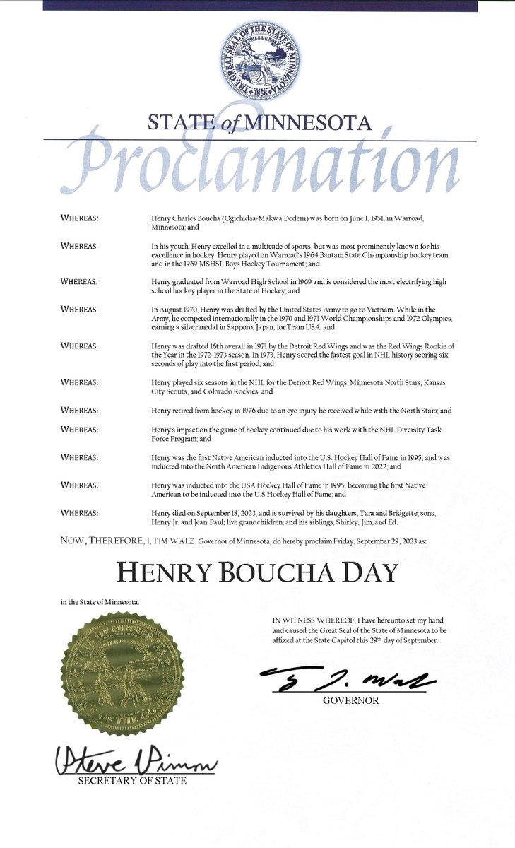 GovTimWalz's tweet photo. The State of Hockey has lost a legend, on and off the rink.

I’m proud to proclaim today as Henry Boucha Day in Minnesota to celebrate a life well-lived. https://t.co/LyAU2DWgsm