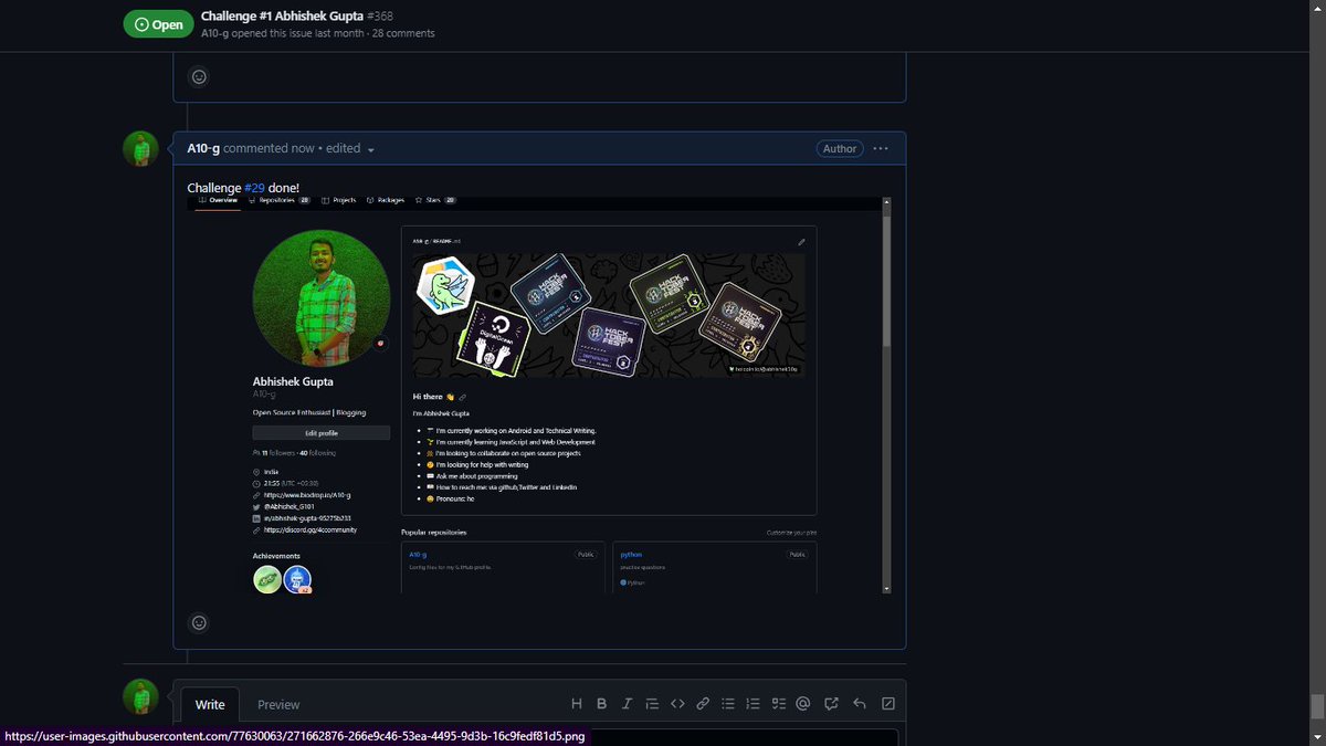 Abhishek_G101's tweet photo. Hello all,        
Completed #task29 of  #OpenSourceSep Challenge with @Scaler_Official Discord Community.            
You can join the community HERE -https://t.co/YFmU8Iv11I 
 #Opensourcesep #ScalerDiscord https://t.co/DB6VatNnMR