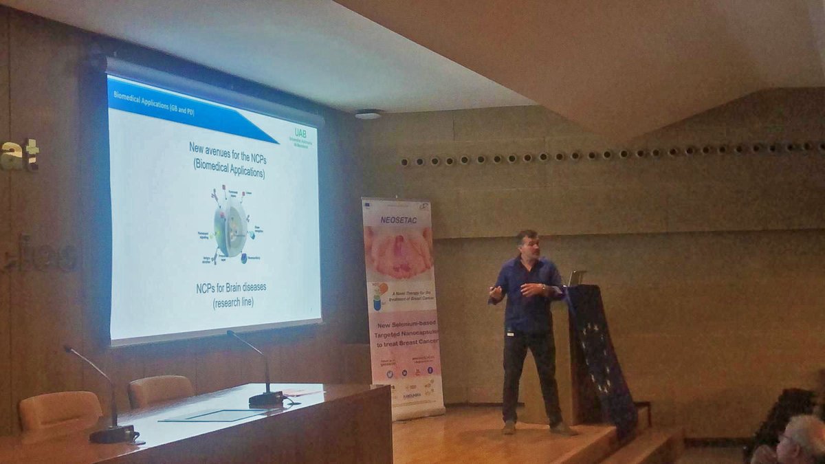 FNovio_Research's tweet photo. Nice conference 
@NEOSETAC (European Action)
and great speakers in its 4th edition! We contribute our grain of sand with a talk concerning the research of new therapies for brain diseases @UABBarcelona @europeanprojects #CancerResearch #nanotechnology #braindisease #research https://t.co/Ql4UX0MqSI