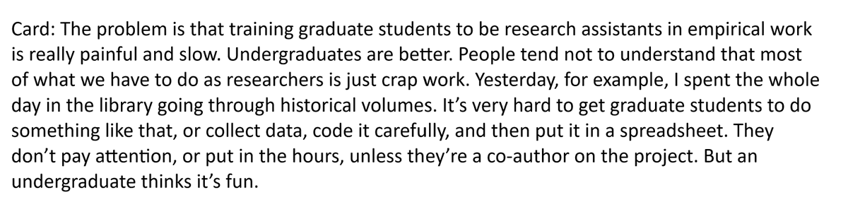 SimonBowmaker's tweet photo. Daron Acemoğlu and David Card on undergraduate vs. graduate research assistants: https://t.co/iPs29rmqx1