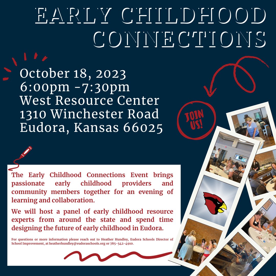 Join us October 18 at 6:00pm for the Early Childhood Connections Event! Connect with early childhood providers, potential caregivers, educators, &amp; passionate community members to create experiences that lay the foundation for a child's future success. #EudoraProud
