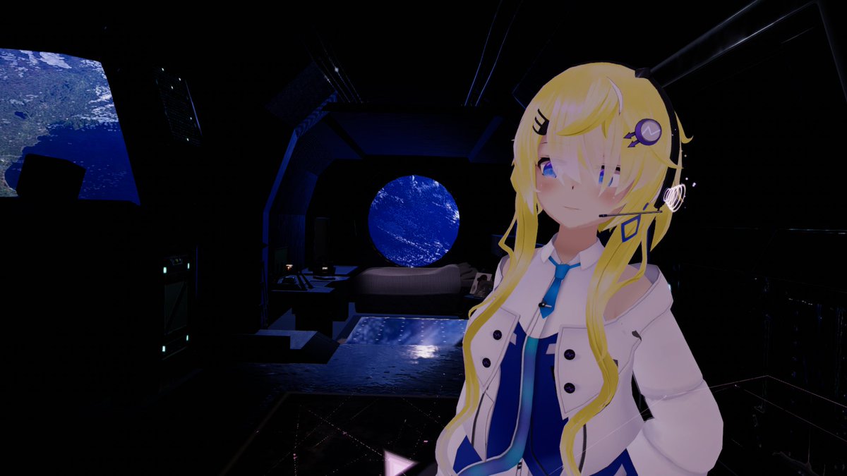 coppelia4's tweet photo. フィーちゃん散策～
宇宙船の船内のワールドです
室内は薄暗く窓から光が差し込んでいますよ
��からは蒼く光る大きな地球を眺める事ができますよ
雰囲気もよくのんびりとするのもいいですね♪
world: STRAY
Author: Sutorerichia 様
#VRChat_world紹介 https://t.co/Z290TjosiY