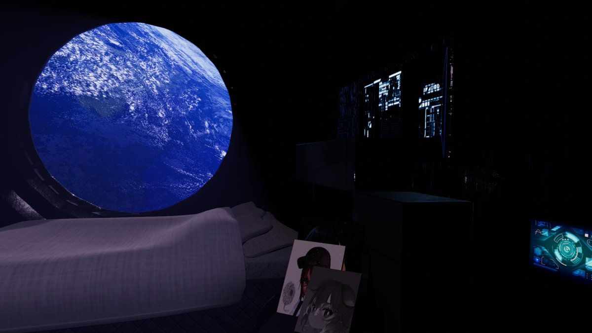 coppelia4's tweet photo. フィーちゃん散策～
宇宙船の船内のワールドです
室内は薄暗く窓から光が差し込んでいますよ
��からは蒼く光る大きな地球を眺める事ができますよ
雰囲気もよくのんびりとするのもいいですね♪
world: STRAY
Author: Sutorerichia 様
#VRChat_world紹介 https://t.co/Z290TjosiY