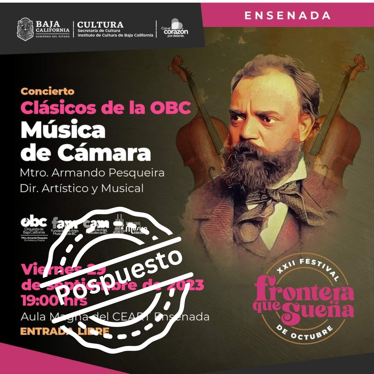 Amigos de Ensenada les informamos que el concierto de hoy ha sido pospuesto. Lamentamos cualquier inconveniente que esto pudiera ocasionar. Pronto daremos a conocer una nueva fecha. Agradecemos su comprensión y apoyo siempre.