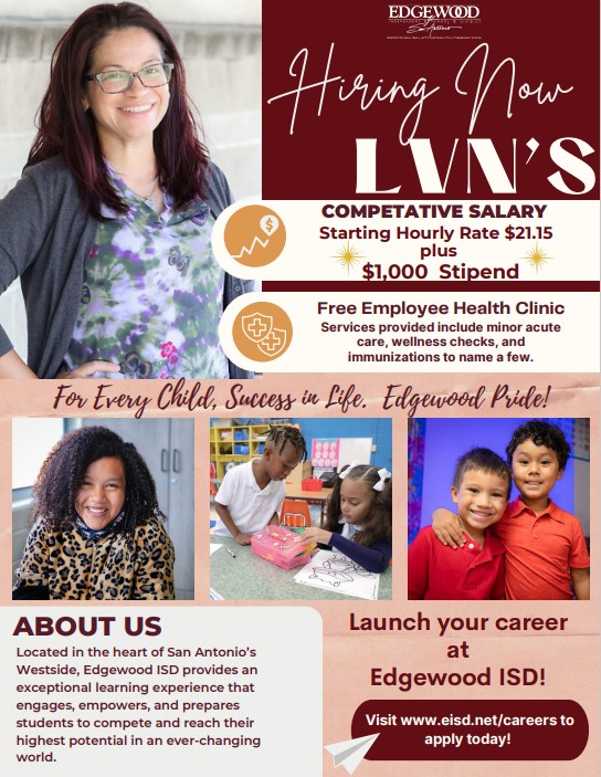 EISD Human Resources (@eisdhr1) on Twitter photo APPROVED๐ข$1,000 LVN Stipend! Join our EISD Team today! Don't wait to apply! Details listed below!๐งโโ๏ธ๐ฉบ๐ฉโโ๏ธ๐๐ <a href="/EISDofSA/">Edgewood ISD</a> <a href="/EisdHealthJen/">Jennifer Alaniz, RN</a> <a href="/CaTrevino09/">Cynthia Trevino</a> APPROVED๐ข$1,000 LVN Stipend! Join our EISD Team today! Don't wait to apply! Details listed below!๐งโโ๏ธ๐ฉบ๐ฉโโ๏ธ๐๐ <a href="/EISDofSA/">Edgewood ISD</a> <a href="/EisdHealthJen/">Jennifer Alaniz, RN</a> <a href="/CaTrevino09/">Cynthia Trevino</a>