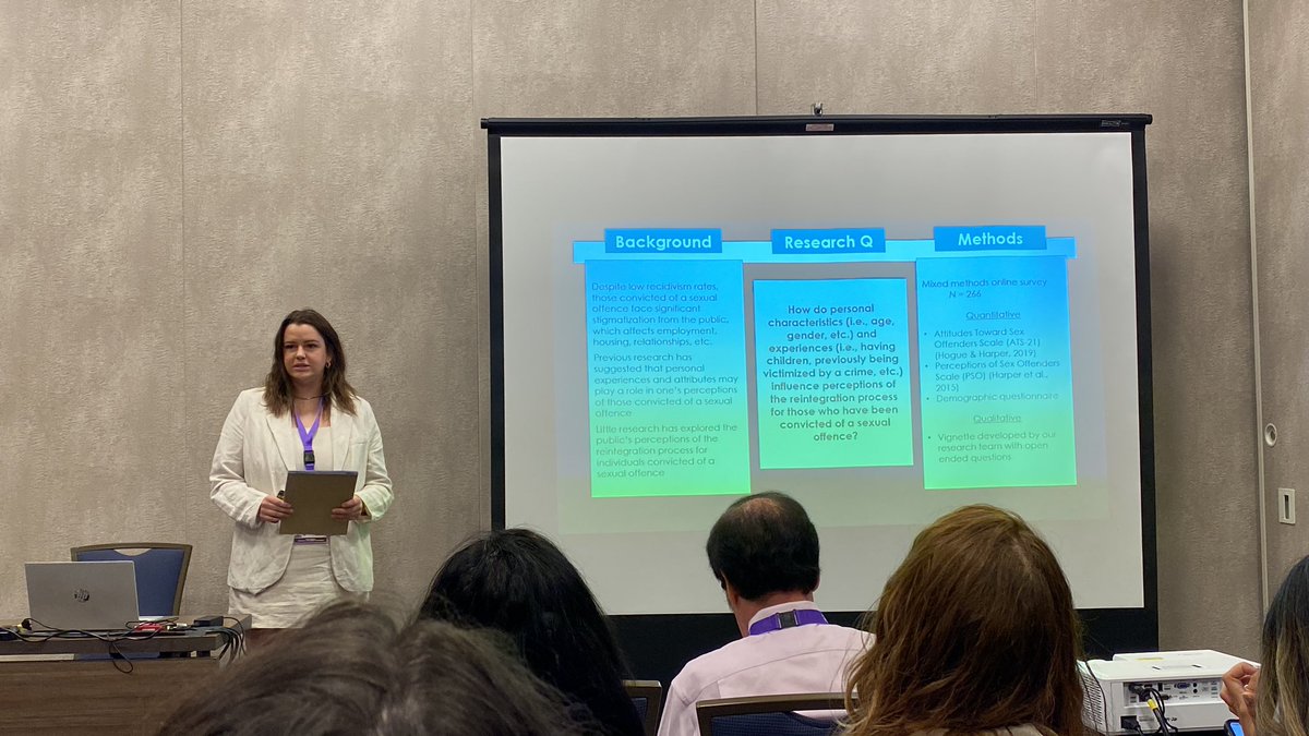 AquagirlRocks's tweet image. Payton McPhee of Saint Mary’s University presented research exploring the influence of personal experiences on their perceptions of the reintegration of ppl convicted of a sex offence @megternes @MakeSocietySafe 
#ATSA2023 #datablitz
