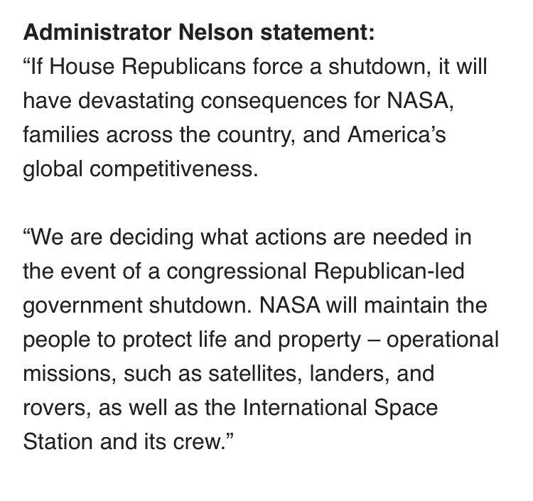 jeff_foust's tweet photo. A statement from NASA Administrator Bill Nelson about an increasingly likely government shutdown on Oct. 1, pinning the blame squarely on the House GOP. https://t.co/M7KhvgciYr