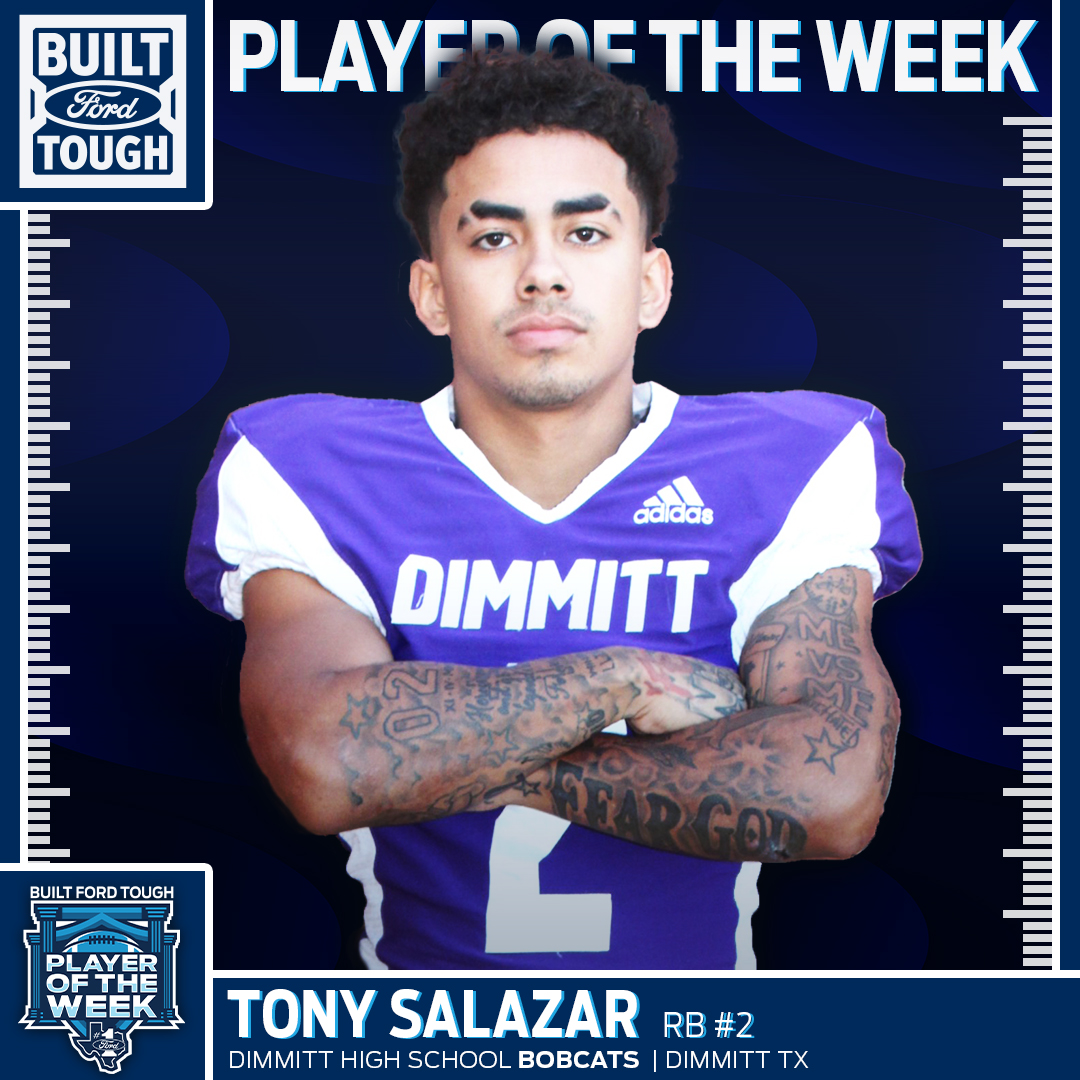 greatertxford's tweet photo. Dimmitt HS Senior RB Tony Salazar makes a splash in his first season: 396 yards, 7 TDs on 23 carries vs. Amarillo Highland Park. Avg: 17.2 YPC. Coach Nino: "Great player, great young man." Tony Salazar is the Class 3A #BFTPOW. π #GTXFord #TXHSFB #FordTX https://t.co/lVtpWb2WzC