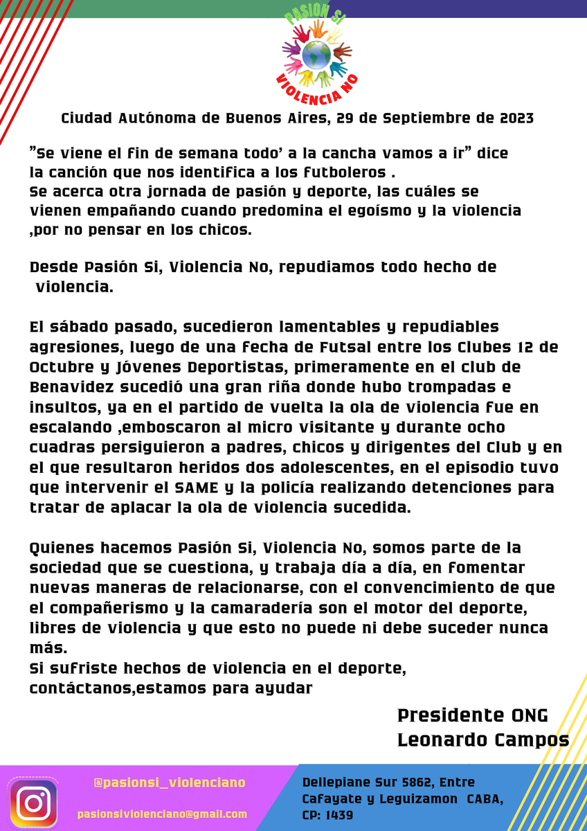 pasionsi's tweet photo. Comunicado oficial en repudio a la violencia
Si apoyas dale retweet.
@afa @LigaAFA @tapiachiqui @GuilleLobo @todonoticias @TNTSportsAR @TyCSports @C5N @FOXSportsArg @SC_ESPN @telefe @TV_Publica @telefenoticias @LibertadoresFS @futsal
@Leo_elturco @Naty__sandoval @ESPNFutbolArg https://t.co/BfejJciNZ5
