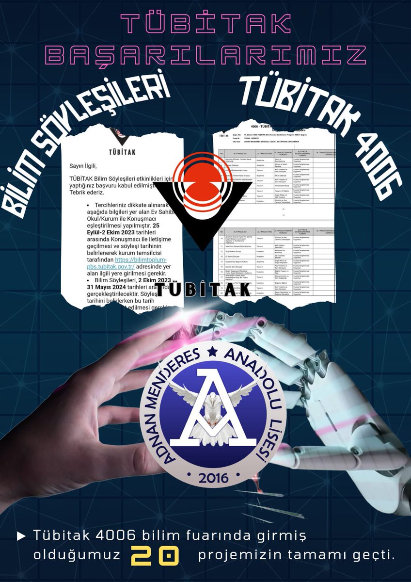 20 proje ile başvuru yaptığımız Tübitak 4006 bilim fuarı başvurumuz 20 proje ile kabul edilmiştir ayrıca TÜBİTAK bilim söyleşilerine de yapmış olduğunuz başvuru kabul edildi. Emeği geçen öğretmenlerimize teşekkür ederiz. <a href="/Murat4Kucukali/">Murat Küçükali</a> <a href="/Mehmet_Bulut21/">Mehmet BULUT</a> <a href="/Kayahansubasi/">Kayahan Subaşı</a>