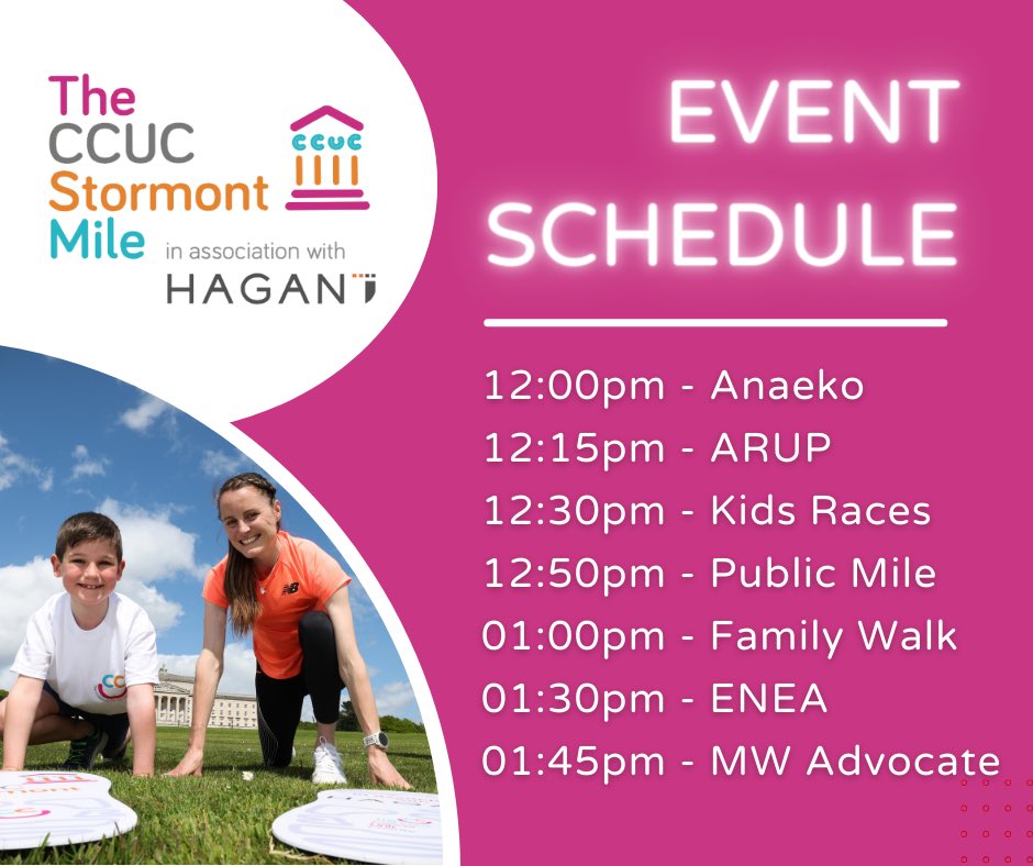 Looking forward to seeing everyone at TOMORROW’S CCUC Stormont Mile - in association with <a href="/HaganHomes/">Hagan Homes</a> 🏃🏽💨

⏰ Joining us? Take note of the race schedule and we’ll see you from 12pm! 
#CCUCStormontMile