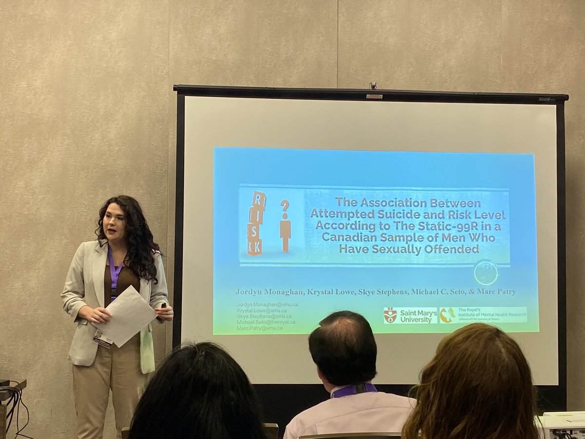 Jordyn Monaghan of Saint Mary’s University examined association attempted suicide and risk #Static99R and did not find support for suicide attempts did not add to prediction of sexual offending @stephens_skye #ATSA2023 #datablitz