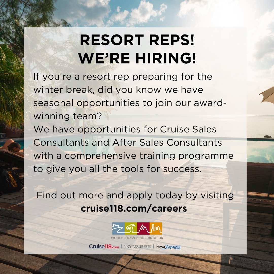 uk_wth's tweet photo. Are you a resort rep looking for some seasonal work during the winter break? We have opportunities to join our Cruise Sales and After Sales teams for seasonal workers! Find out more and apply today ➡️  https://t.co/eGUXLuaZfI https://t.co/wRpnP2WonU