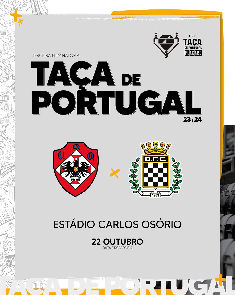 Taça De Portugal'da rakibimiz belli oldu ! 
 
🆚️ UD Oliveirense
🗓 22 Ekim (Geçici Tarih)

#FeitosDeXadrez @boavistaoficial