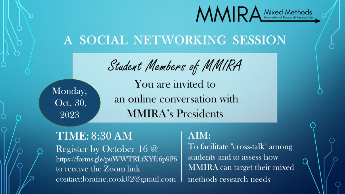 @MMIRAssociation invites its student members to a Social Networking Session with the presidents. Please register by October 16, 2023 at forms.gle/puWWTRLtXYf16p… to receive the Zoom link for the session on Oct 30. Flyer below.