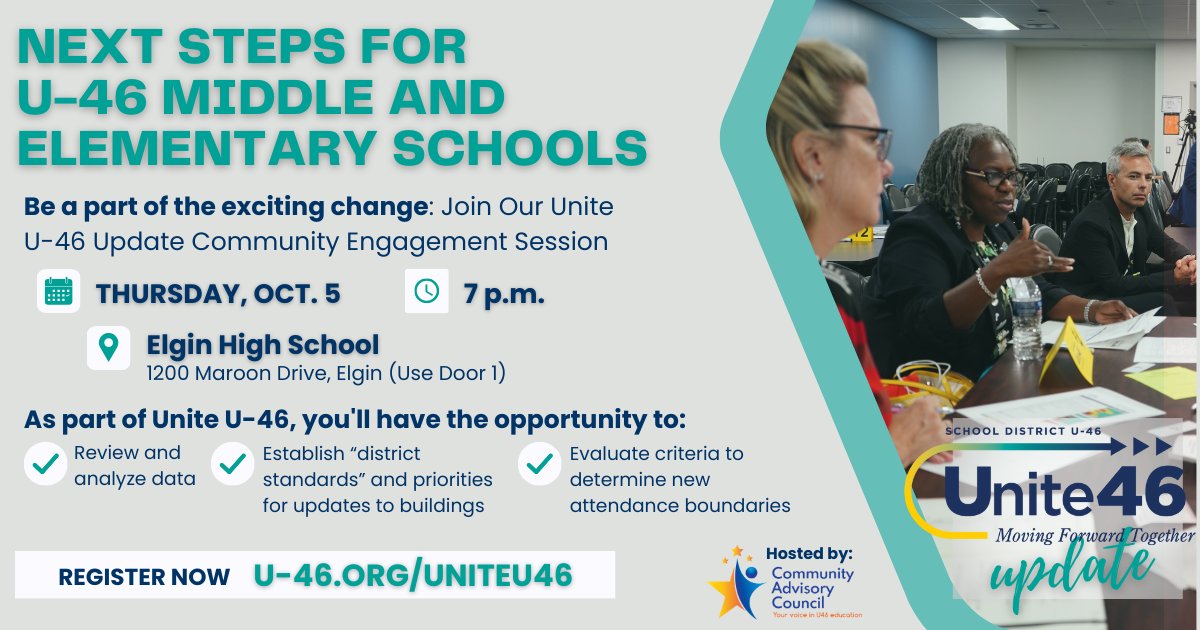 📢Get ready to shape the future of our schools! Join our upcoming #UniteU46 session on Oct. 5 at 7 pm to provide feedback on prioritizing building updates and evaluating criteria to determine new attendance boundaries Register at uniteu46.org 
Hosted by the U-46 CAC