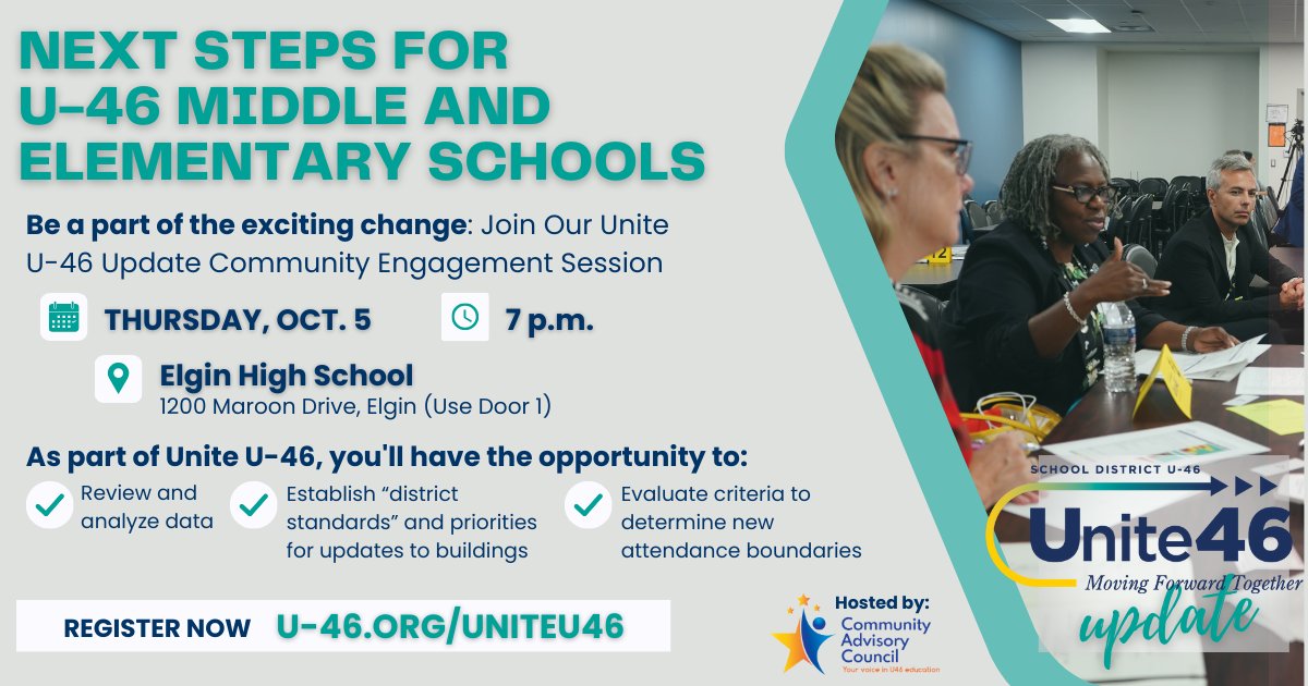 📢Get ready to shape the future of our schools! Join our upcoming #UniteU46 session on Oct. 5 at 7 pm to provide feedback on prioritizing building updates and evaluating criteria to determine new attendance boundaries Register at uniteu46.org Hosted by the U-46 CAC