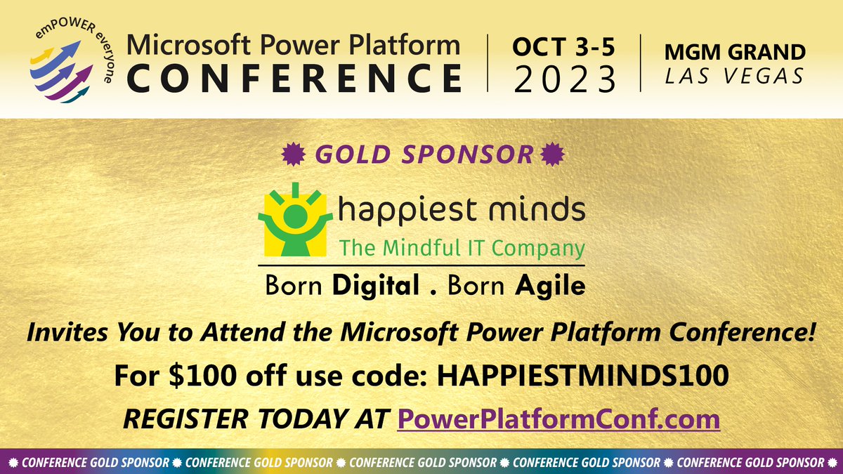 Big thanks to Happiest Minds, one of our Gold Sponsors at the Microsoft Power Platform conference in Las Vegas! Be sure to visit them at booth #308 in the expo hall. 🌟 #MPPC23