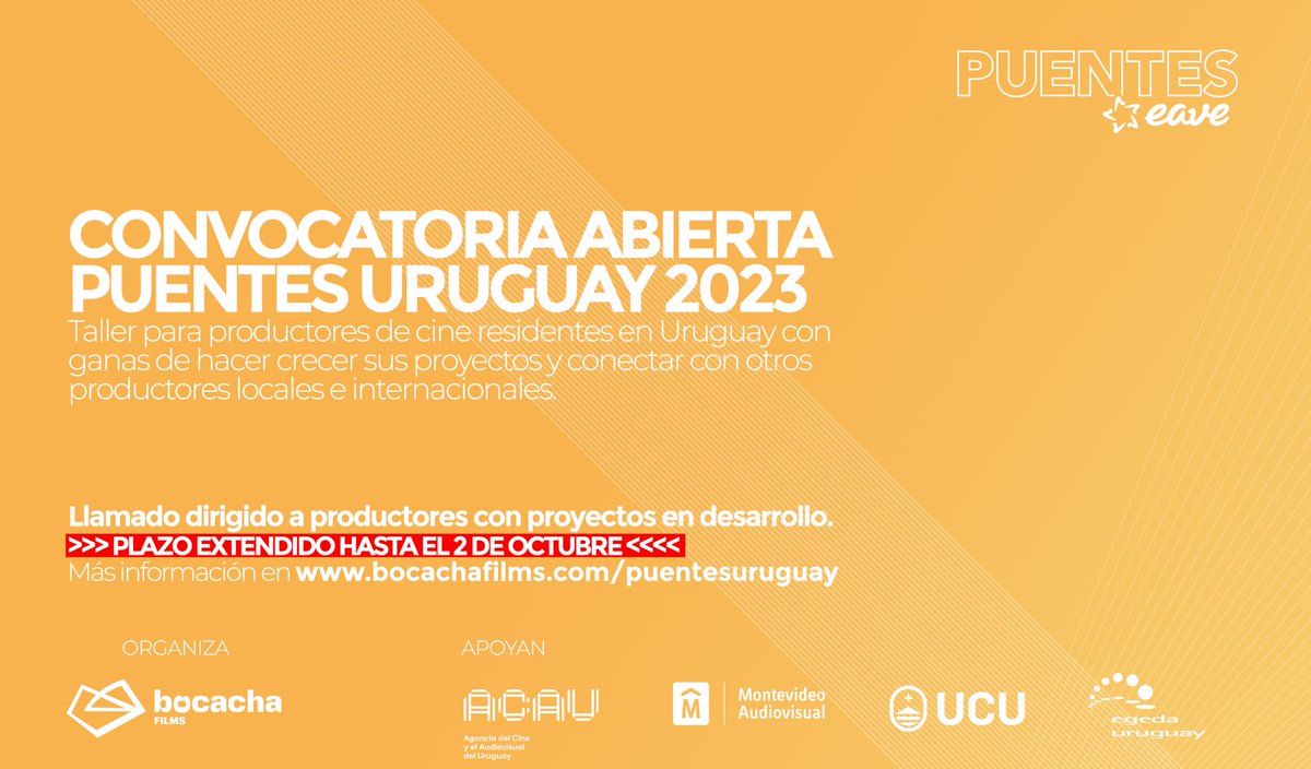 📣 NUEVO CIERRE de la convocatoria para el taller Puentes Uruguay 2023

🎬

🗓️ Fecha límite de postulación: 5 DE OCTUBRE

📝 Bases y formulario: bocachafilms.com/puentesuruguay

ℹ️ Consultas: puentes@bocachafilms.com