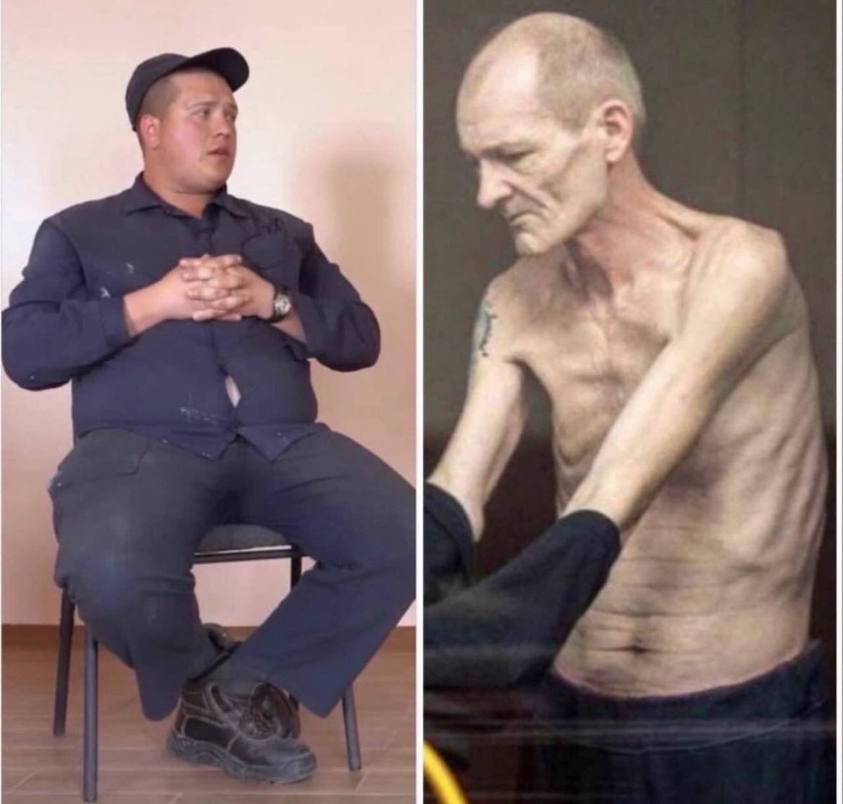 nexta_tv's tweet photo. Russian POW compared to Ukrainian Azovstal defender in Russian captivity. https://t.co/8BGlSKneuC