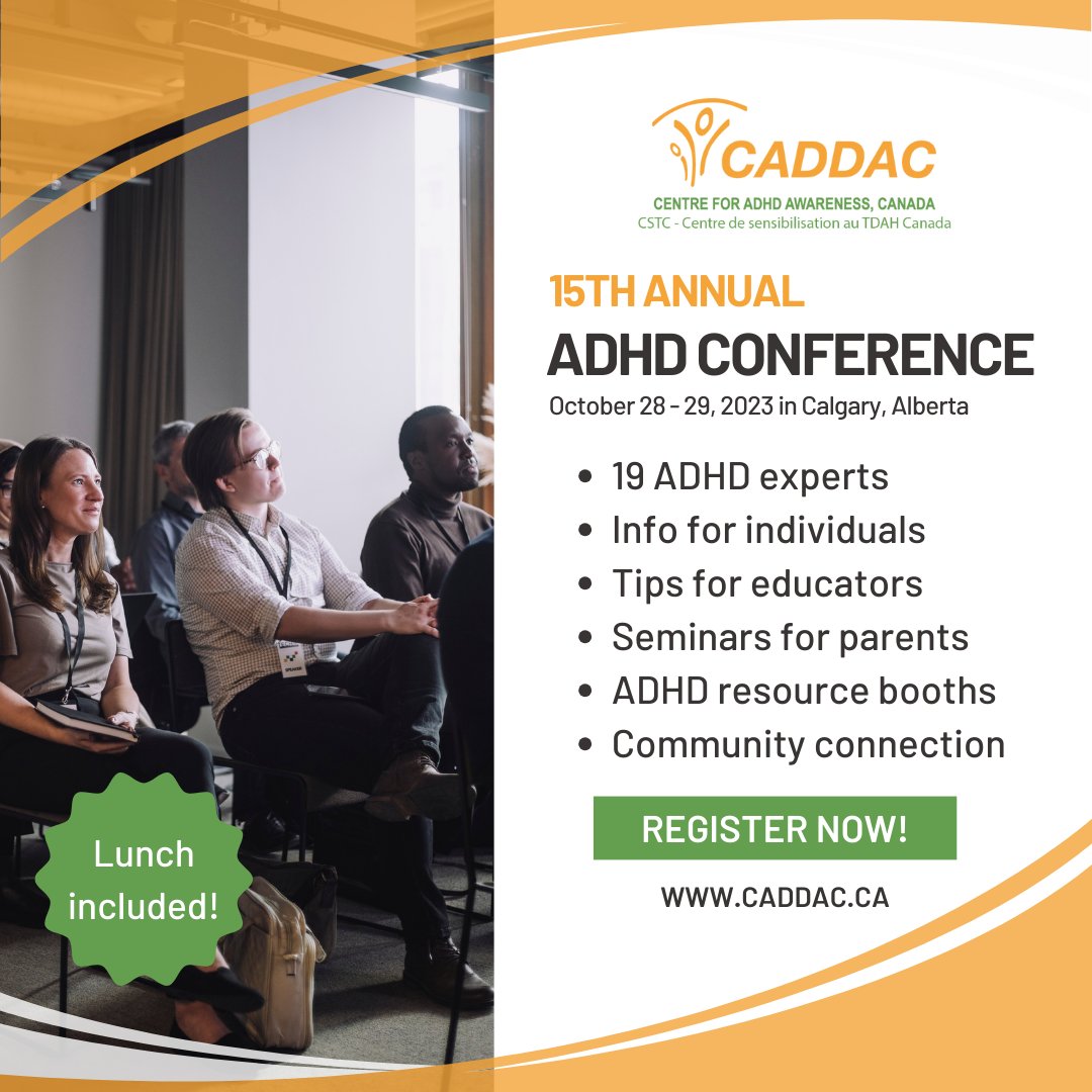 Save the date! The 15th annual CADDAC conference on #ADHD is coming up on October 28 &amp; 29, 2023.  International, national and Calgary experts on ADHD are presenting with specific sessions for #parents, #educators and adults. 

Register today!
ow.ly/Roul50PRiFr