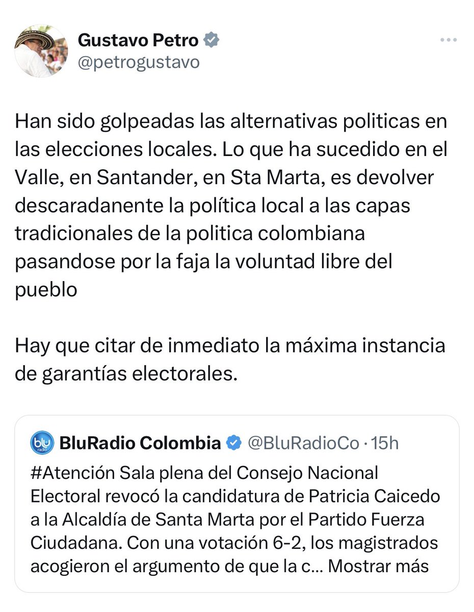 Pdte. @PetroGustavo, le recuerdo que usted como presidente NO puede participar en política. NO está por encima de la ley, y como demócrata debe respetar y acatar todas las decisiones institucionales. Grave su participación y su desconocimiento de la autonomía del <a href="/CNE_COLOMBIA/">CNE Colombia</a>.