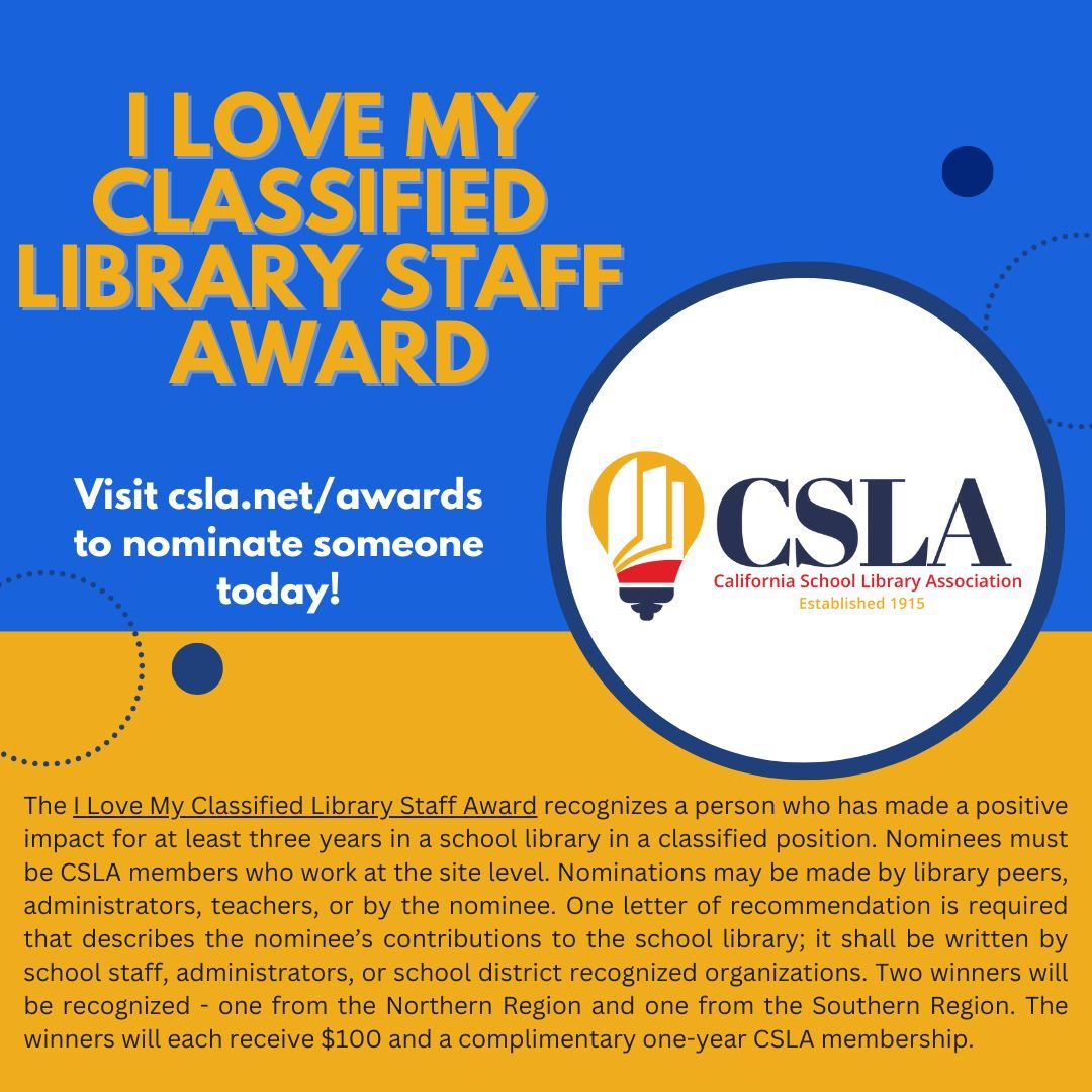 The I Love My Classified Library Staff Award recognizes a person who has made a positive impact for at least 3 years in a school library in a classified position. If you would like to nominate an outstanding Classified Library Staff member, visit buff.ly/469mpAl today!