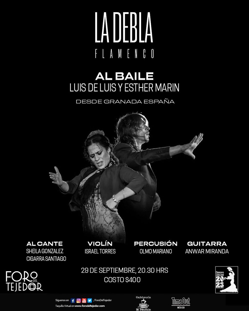 Esta noche estaremos con <a href="/LaDebla/">La Debla Flamenco</a> haciendo un concierto muy especial de flamenco en el <a href="/ForodelTejedor/">Foro del Tejedor</a> de La Roma. Con grandes invitados desde Granada en el baile: Luis de Luis y Esther Marín

forodeltejedor.com/evento/la-debl…