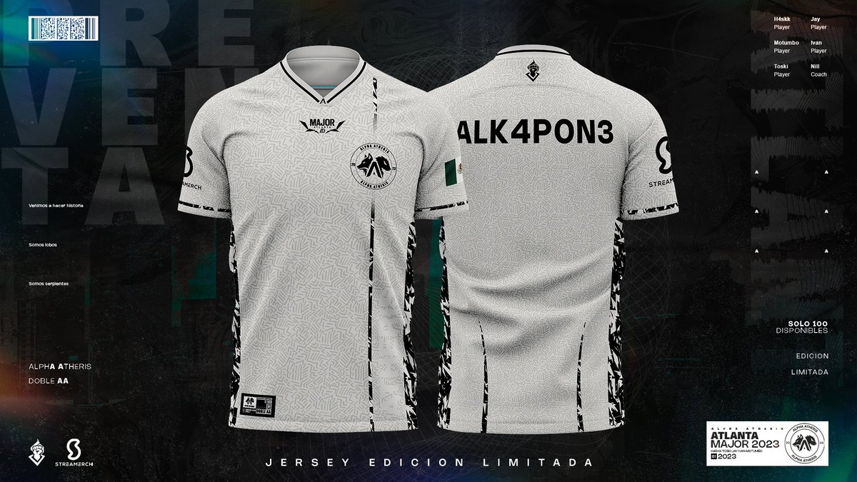 AlphaAtheris's tweet photo. Con sentimiento podemos decir lo siguiente:

Nuestra Jersey edición campeona y participante del Major de Atlanta ya se encuentra disponible 🥹

Solo 100 unidades únicas, envíos internacionales, córrele que se acaban mano.

👉https://t.co/68Db98LNH8

#BR6Latam #DobleAA #goAAT 🅰🅰 https://t.co/uvnPNxJznp