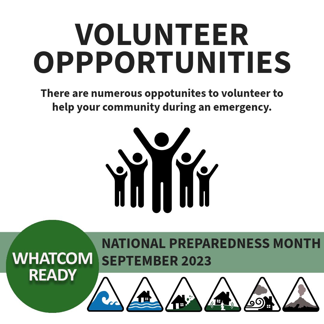 WhatcomREADY's tweet image. On this last day of September, we share our final preparedness tip to round out National Preparedness Month.
Tip #11: You can help. There are lots of emergency volunteer opportunities throughout the community. Visit this page for more information: whatcomcounty.us/4249/68526/Eme…