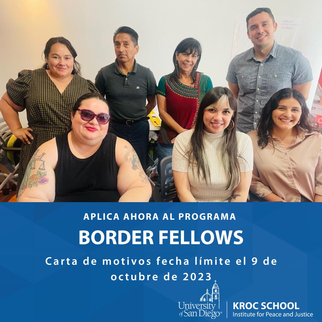 ¿Quieres construir una región fronteriza más pacífica e incluyente? Aplica para ser un Kroc Border Fellow en USD y recibe $850/mes y una beca de $5,000 para apoyar tu trabajo. Fecha límite para enviar tu carta de motivos el 9 de Octubre. hubs.la/Q023S79b0