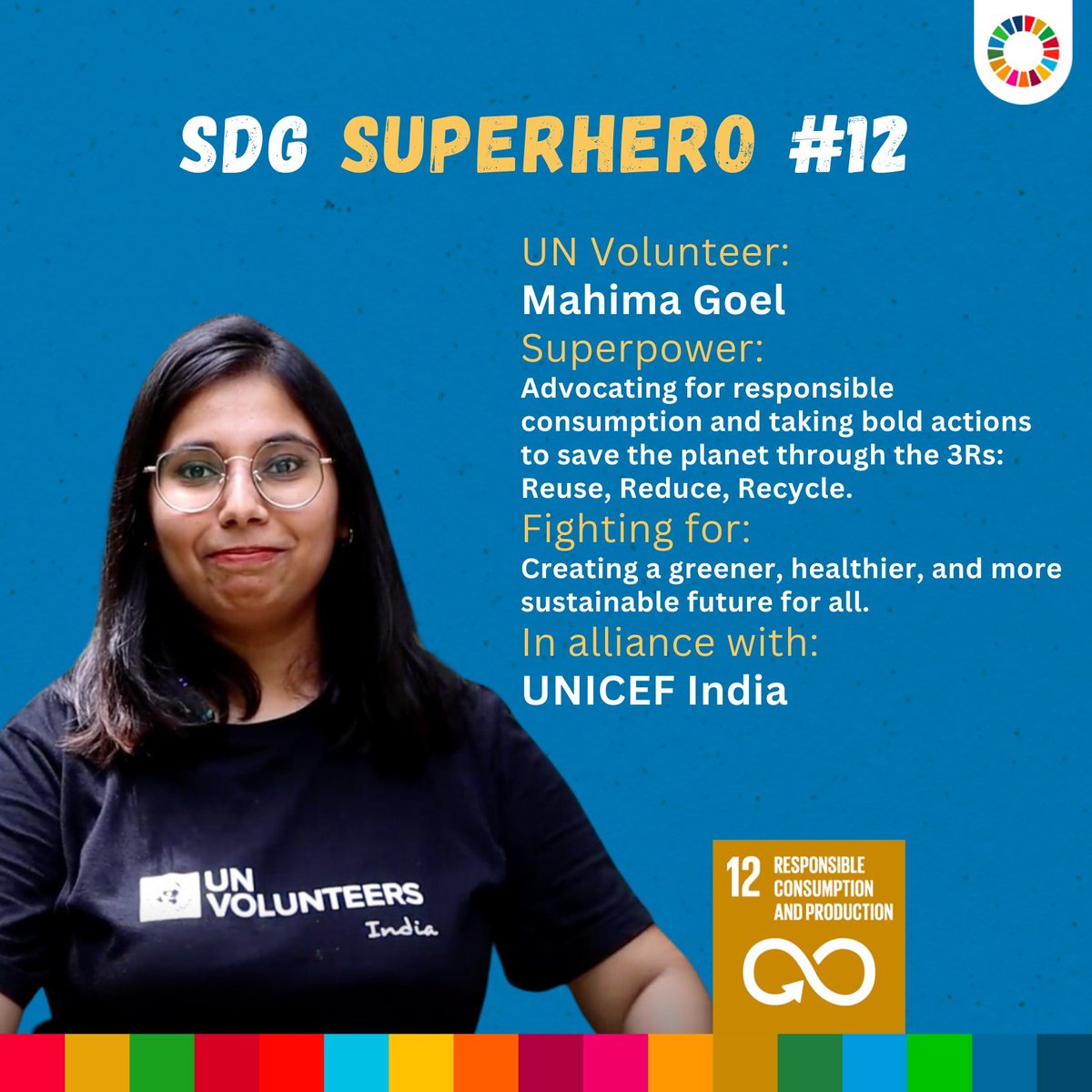 UNVAsiaPacific's tweet photo. Mahima Goel, UN Youth Volunteer with @UNICEFIndia calls us to take bold actions to save the planet by 'Reusing, Reducing, and Recycling.'

She believes that ensuring sustainable consumption is key to sustaining the livelihoods of current &amp; future generations. #SDGsuperheroes https://t.co/6EqpP4c52B