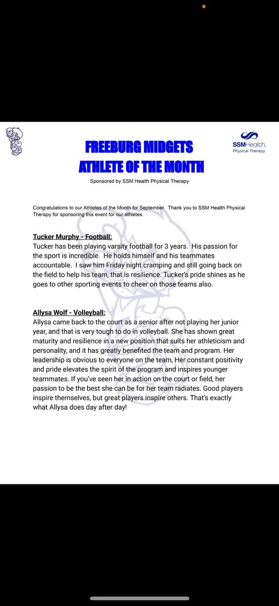 Freeburg Athletics (@fchs77athletics) on Twitter photo Congrats to our September Athletes of the Month <a href="/FburgVball/">Freeburg Volleyball</a> player <a href="/WolfAllysa/">Allysa Wolf</a> and <a href="/FburgFootball/">Freeburg Football</a> player <a href="/TuckerMurphy43/">Tucker Murphy</a> two great athletes and even better kids! Congrats to our September Athletes of the Month <a href="/FburgVball/">Freeburg Volleyball</a> player <a href="/WolfAllysa/">Allysa Wolf</a> and <a href="/FburgFootball/">Freeburg Football</a> player <a href="/TuckerMurphy43/">Tucker Murphy</a> two great athletes and even better kids!