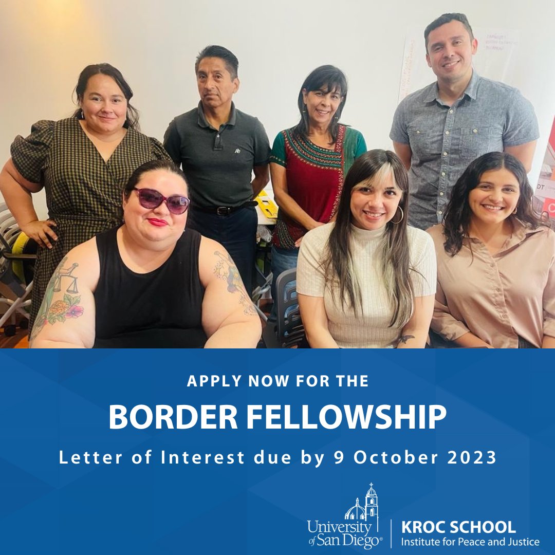 Does your work contribute to making the border region more peaceful and inclusive? Join Kroc IPJ as a non-residential Border Fellow and receive an $850/month fellowship & $5K grant to support your work. Letter of interest Deadline October 9: hubs.la/Q023S4J90 v