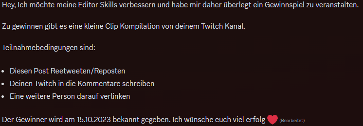 KNussvoll's tweet photo. GEWINNSPIEL: 

Hallo liebe Twitch streamer ich mache ein kleines aber feines gewinnspiel. Macht mit, es Tut nicht weh.

Alle informationen findet ihr im unterrem Bild: https://t.co/OHzb8xHxsO