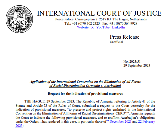 CIJ_ICJ's tweet photo. PRESS RELEASE: Armenia submitted a request to the #ICJ yesterday for the indication of provisional measures in the case concerning Application of the International Convention on the Elimination of All Forms of Racial Discrimination (#Armenia v #Azerbaijan) https://t.co/slR2ukyDpj https://t.co/0Xo8VALIr0