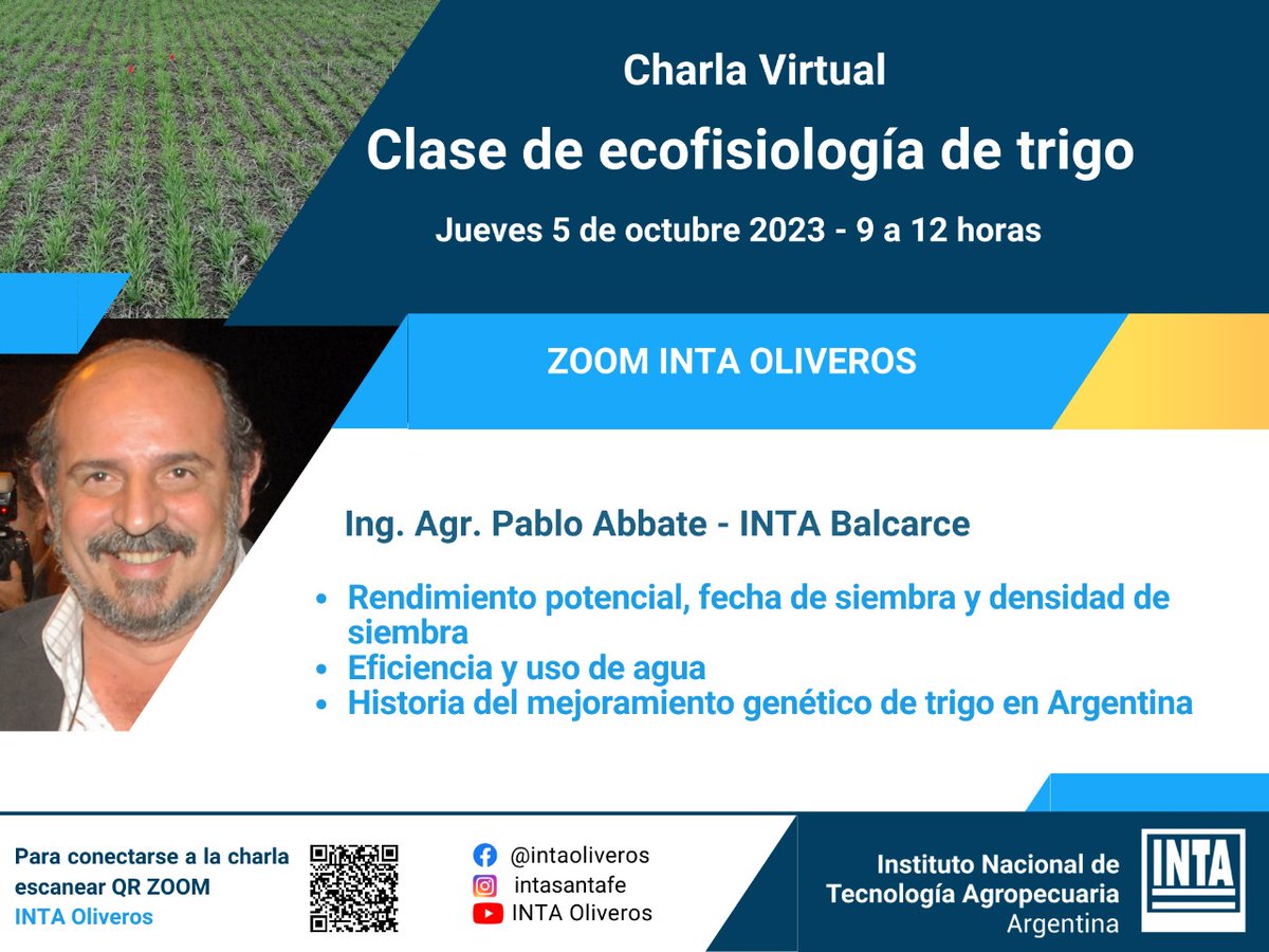 Para agendar❗
📱 Charla Virtual
🌾 Clase de ecofisiología de trigo
✅ Ing. Agr. Pablo Abbate – INTA Balcarce
✅ Jueves 5 de octubre 2023
✅ 9 a 12 hs
👉 Link ZOOM INTA Oliveros bitly.ws/W2P5