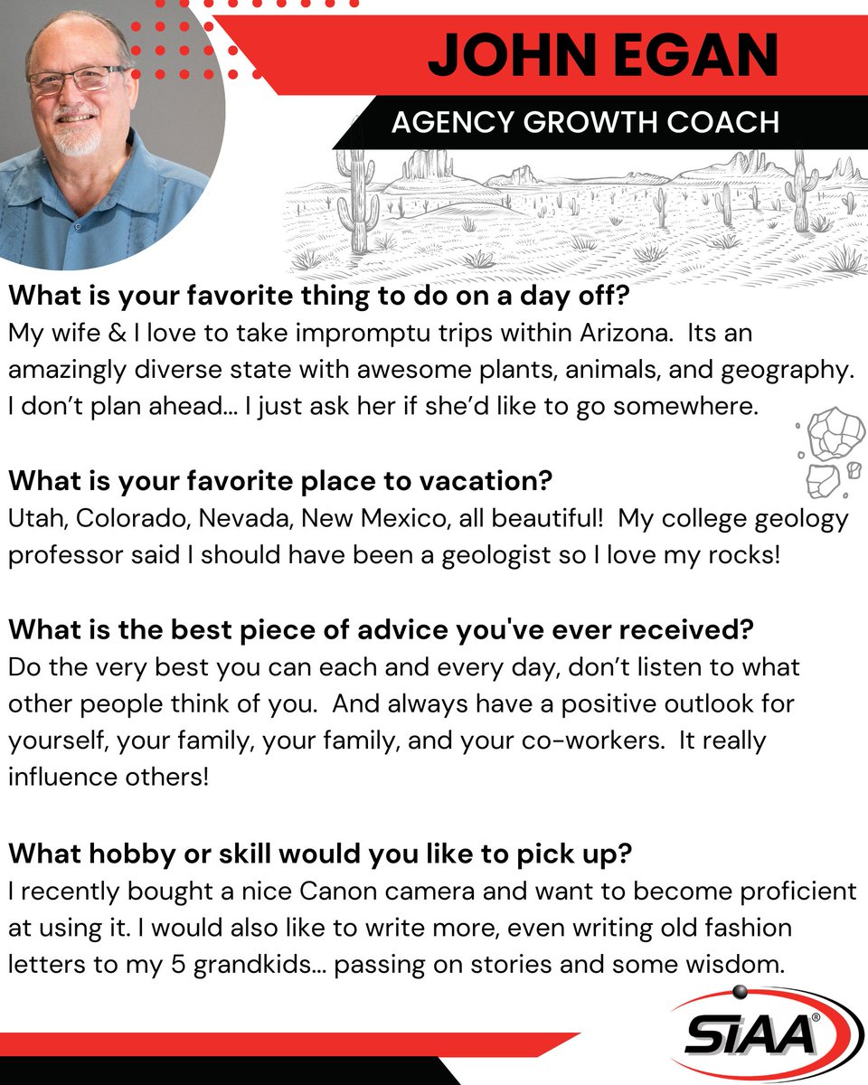 SIAA_AZ's tweet image. Our staff highlight this month is the one and only, John Egan ☀️😊 We truly appreciate him here at SIAA, and love hearing about his adventures in the southwest! 

#arizonainsurance #newmexicoinsurance #nevadainsurance #insurance #insurancealliance