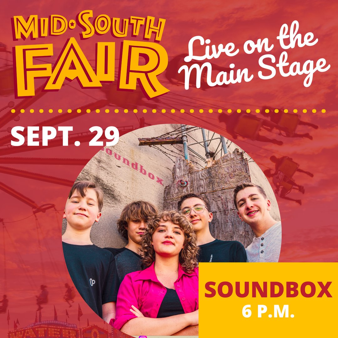MidSouthFair's tweet photo. Live on the Main Stage tonight includes:
🎤 Soundbox at 6 p.m.
🎤 The Persians at 7:15 p.m.
🎤 Stopgap Solutions

FREE with your admission ticket 👉 https://t.co/CBIxZw2vMF https://t.co/XPejEdyjfo