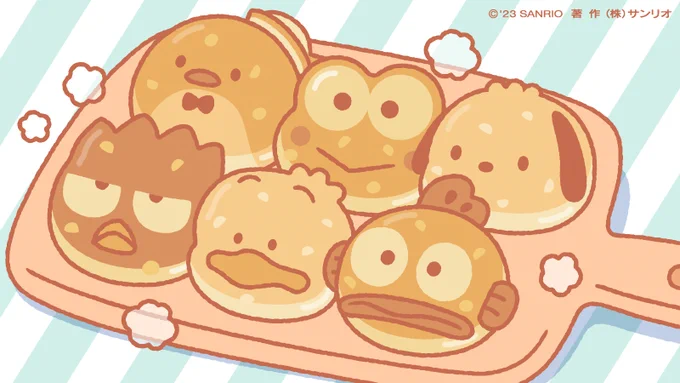けろっぴ「今日は、#くるみの日」 タキシードサム「くるみパンを焼いたよ〜めしあがれ〜」 ハンギョドン「もぐもぐ...」#はぴだんぶい 