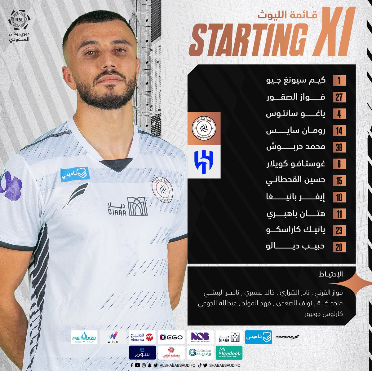 AlShababSaudiFC's tweet photo. ⚽️ قائمة "الليوث" في مواجهة اليوم 

#يلا_شباب #الهلال_الشباب https://t.co/cGtw4uJJuI