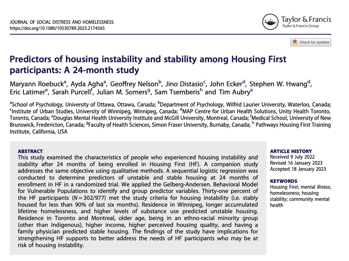 New study finds predictors of housing stability include: 1. Higher income 2. Higher perceived housing quality, and 3. Having a family physician tandfonline.com/doi/abs/10.108… #HousingFirst #EndHomelessness