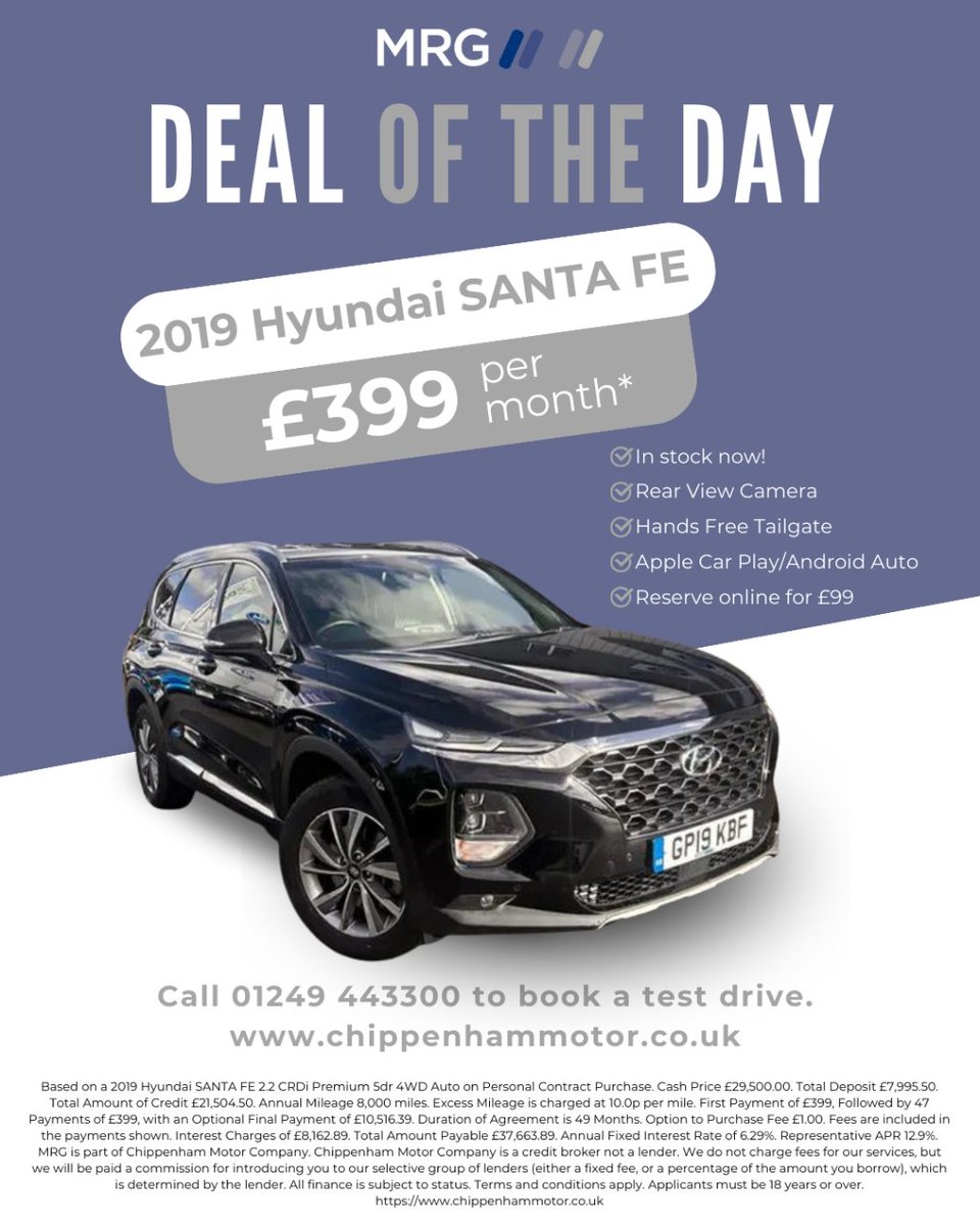 ⚡ DEAL OF THE DAY! ⚡

🚗 2019 Hyundai SANTA FE 2.2 CRDi Premium
⭐ £399 per month on PCP finance*

Find out more about this car: mtr.cool/dtqoycljrm

#Chippenham #USedCars #WiltsHour #Wiltshire